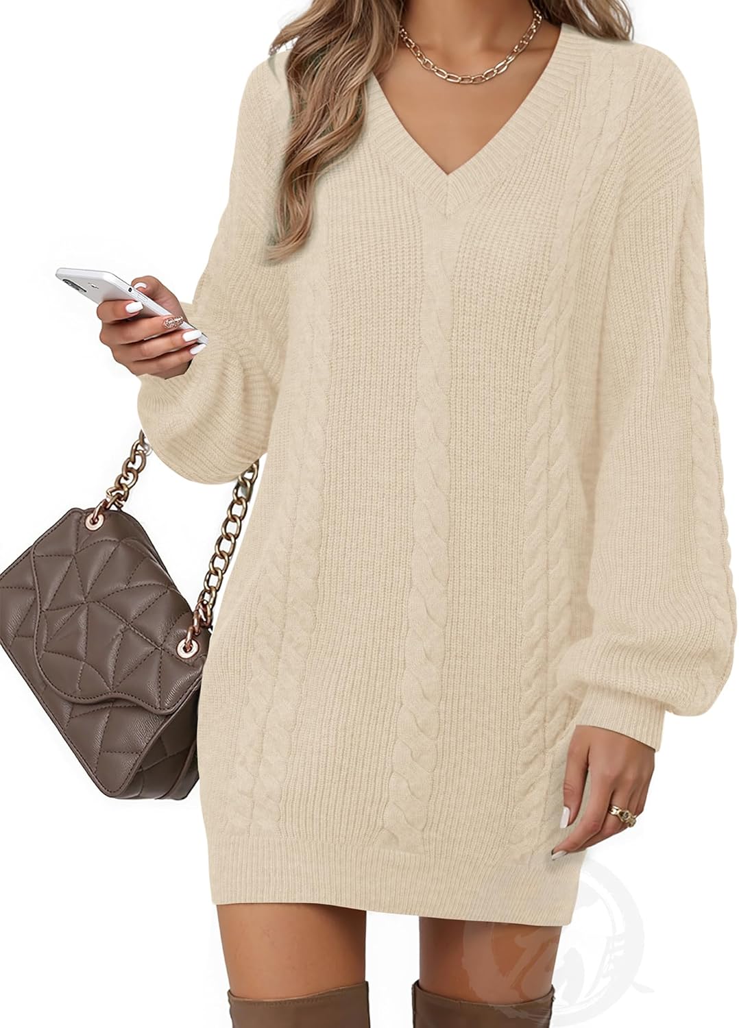 Women's V Neck Lantern Sleeve Knit Mini Sweater Dresses Review