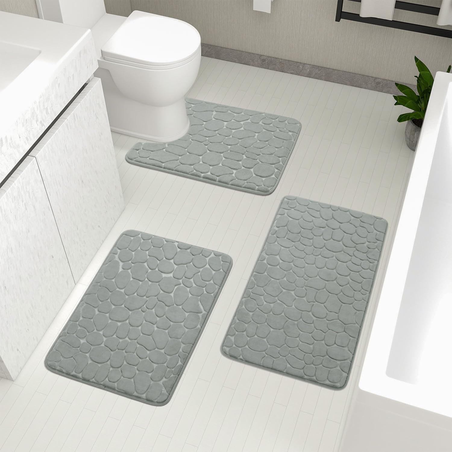 YIHOUSE Bathroom Rugs Set: 3 Piece Cobblestone Memory Foam