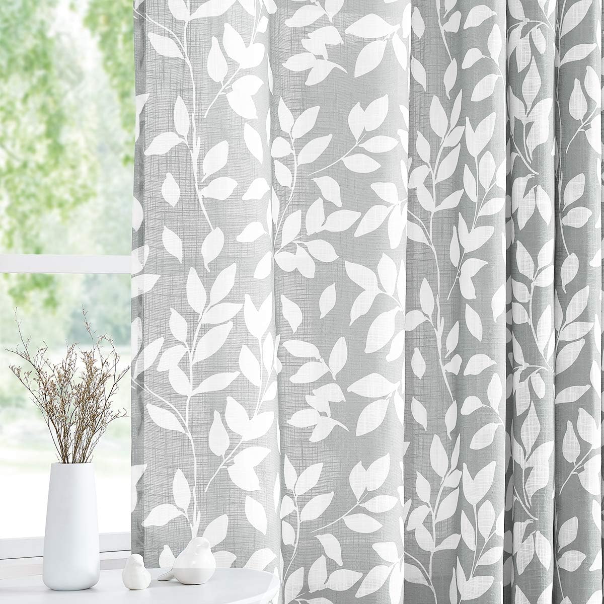 Elegant White and Grey Leaf Print Curtains for Any Room