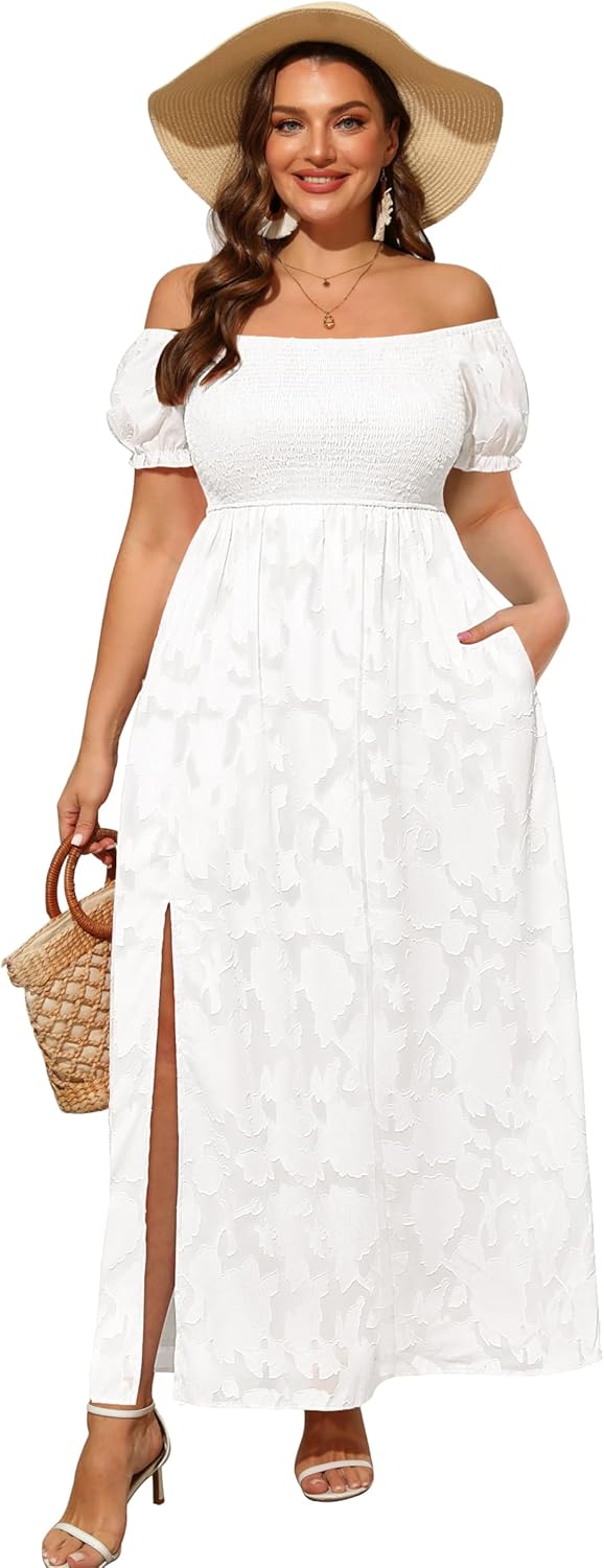 Plus Size Summer Dresses - Boho Casual Off Shoulder Maxi Dress