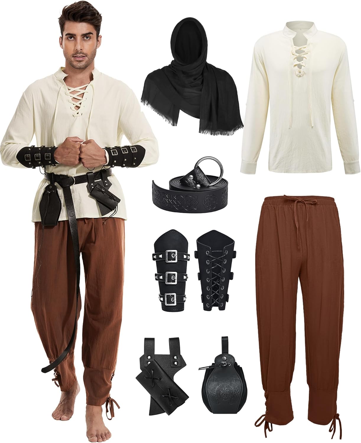 7 Pcs Men's Renaissance Costume Set for Pirate and Viking Looks
