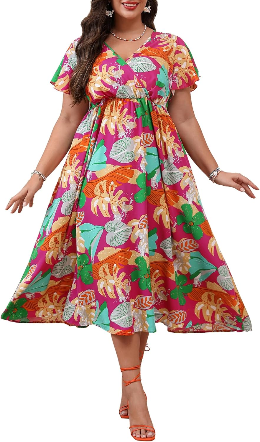 Floerns Women's Plus Size Boho Floral V Neck A Line Dress