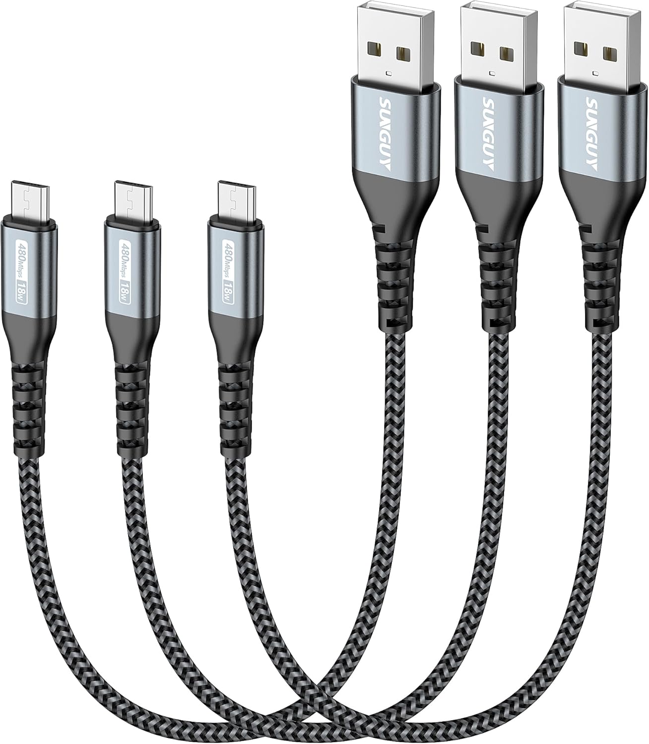 SUNGUY 1FT Short Micro USB Cable 3Pack - Fast Charge your Galaxy & Android!