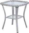 Light Grey Wicker Side Table - Rattan Patio Coffee Table with Glass