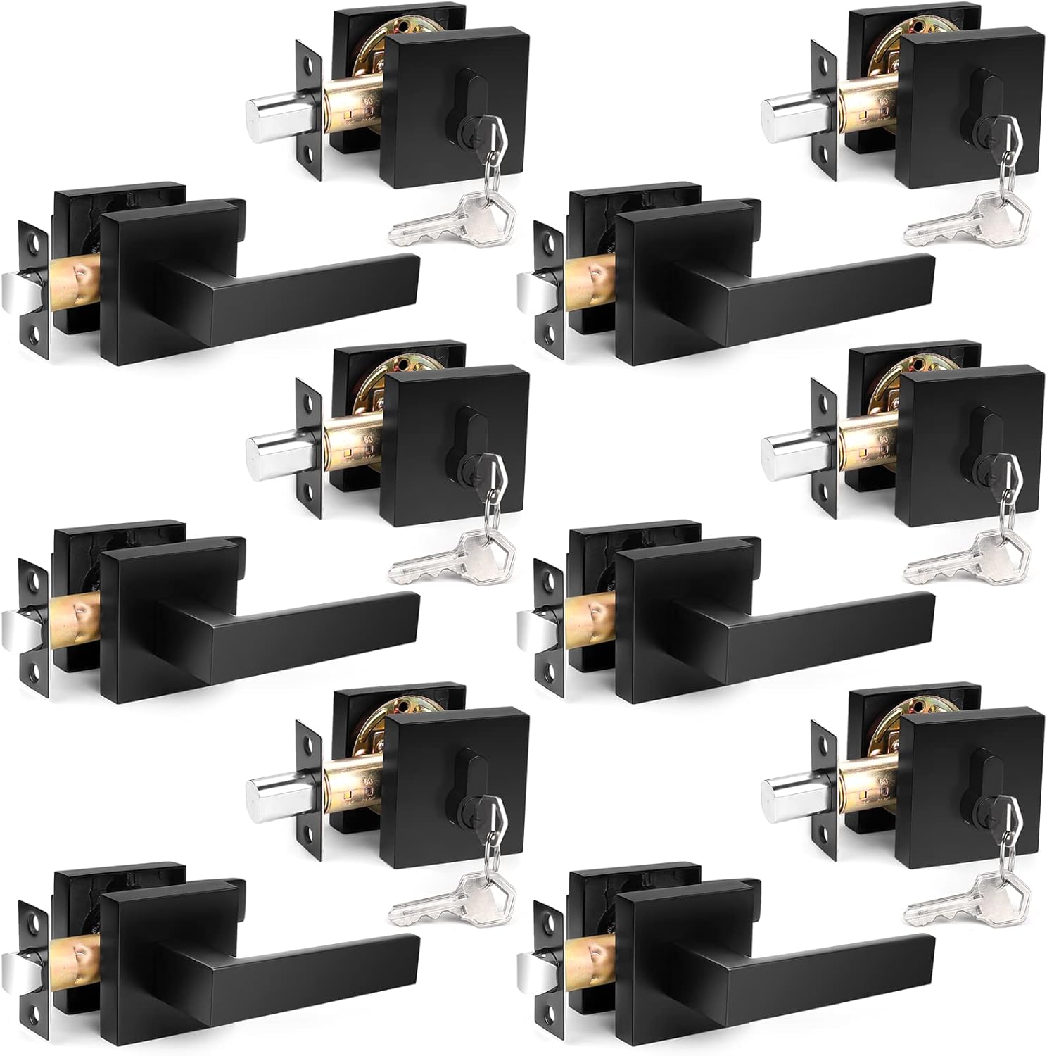 Probrico Flat Black Passage Door Lever and Deadbolts Combo Pack