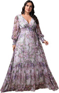 Plus Size Womens Floral Maxi Dress V Neck Long Sleeve - Elegant Casual