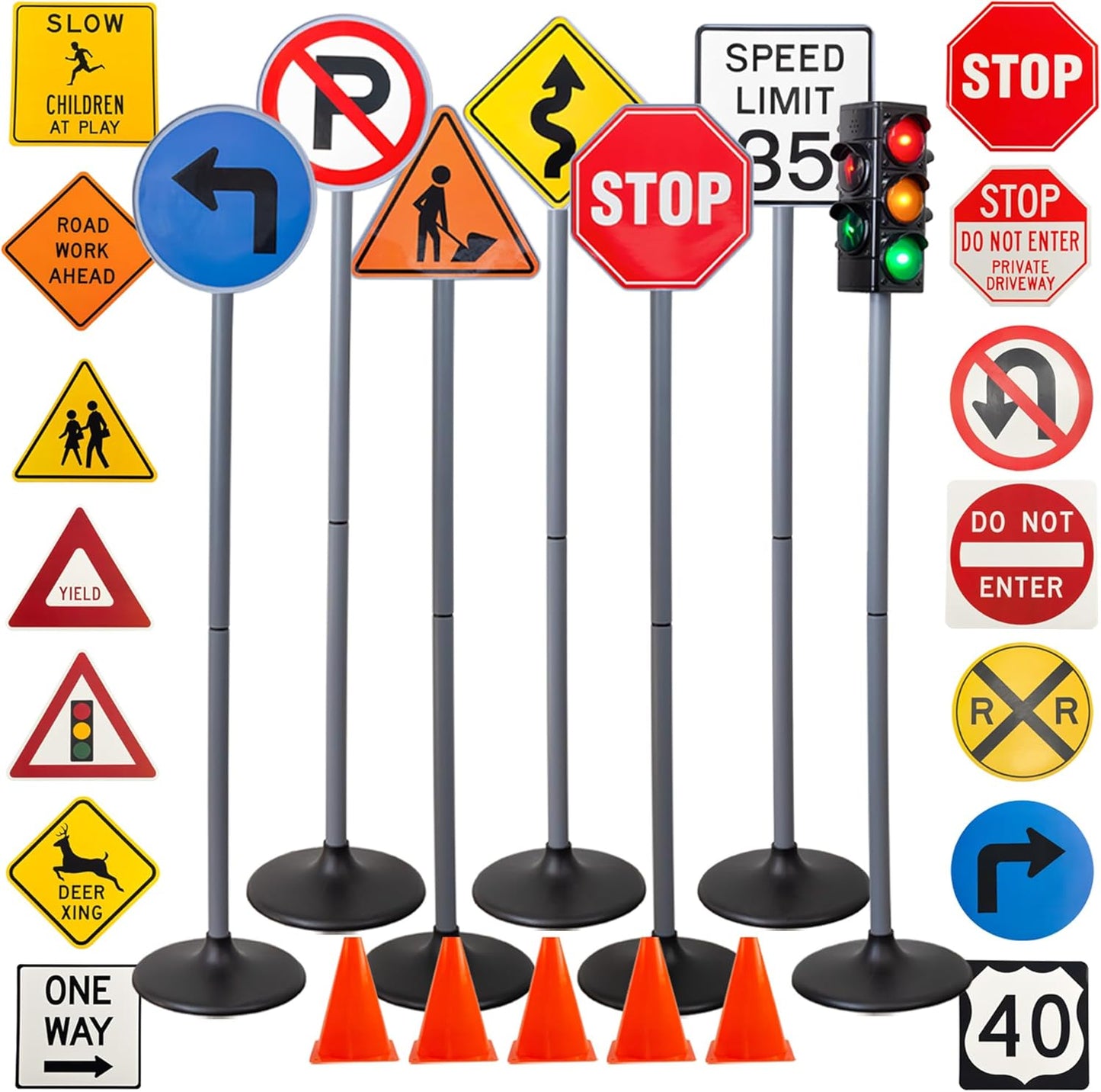Large Traffic Signs Playset for Kids - 32pc Set with Lights