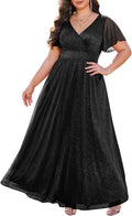 Plus Size Formal Dresses V Neck Flutter Sleeve Glitter Prom Gown