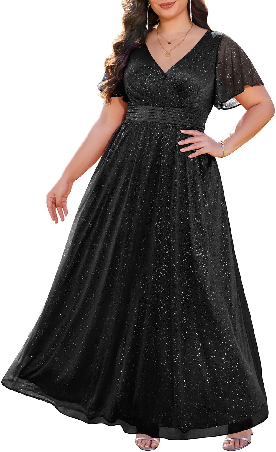 Plus Size Formal Dresses with V Neck Flutter Sleeve Design