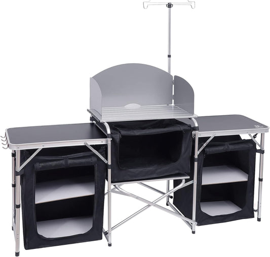 Portable Camping Kitchen Table with Windshield & Organizers