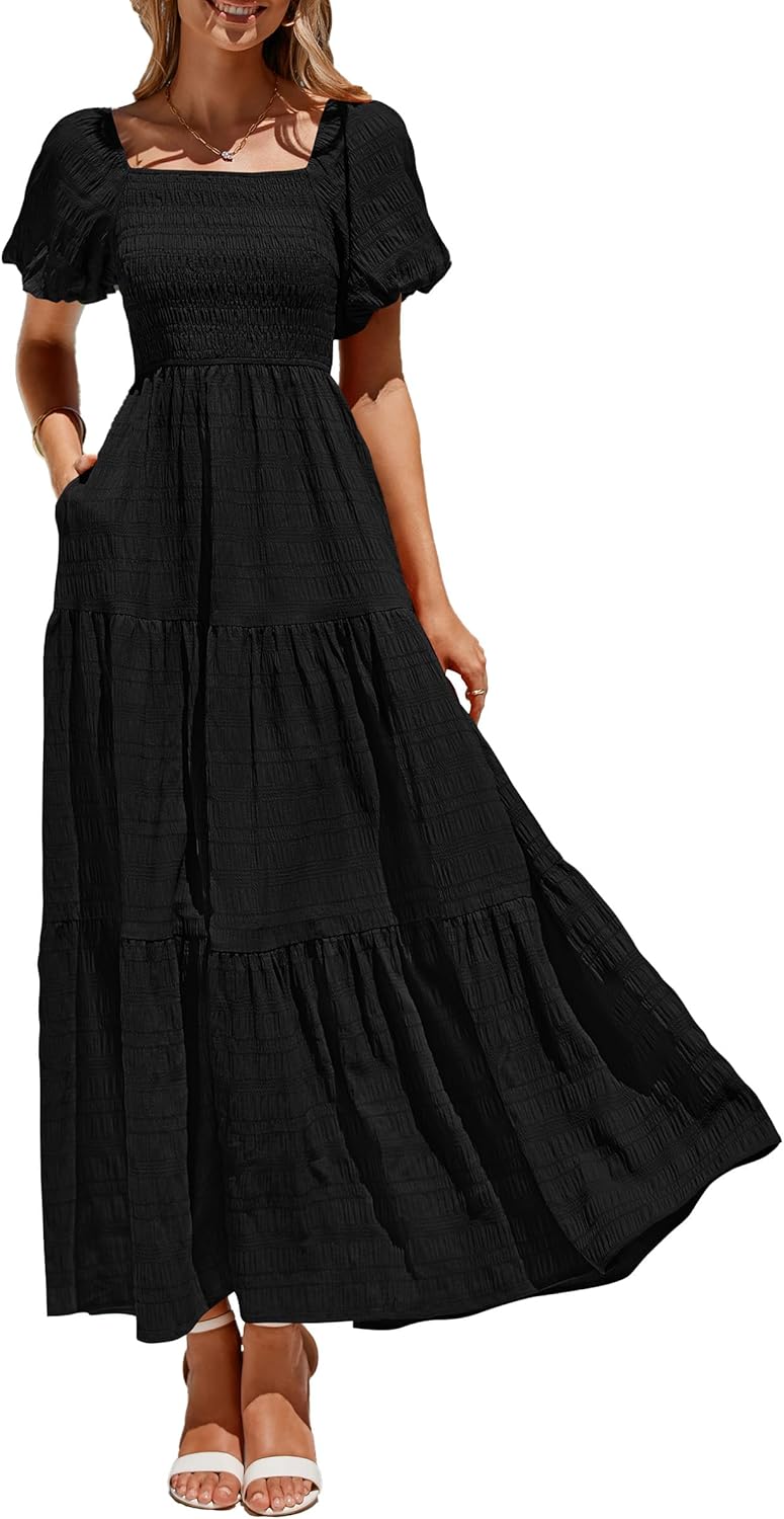 PRETTYGARDEN Womens Summer Puff Sleeve Maxi Dress for Elegance