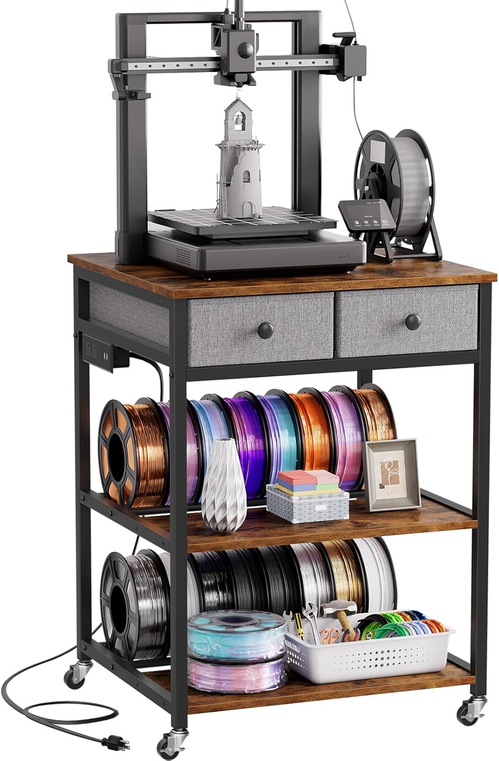 Portin 3D Printer Stand with Power Outlet & Locking Wheels