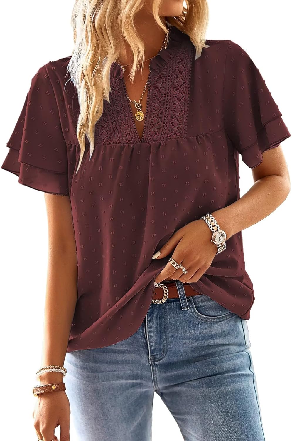 Womens Tops Butterfly Sleeve V Neck Blouses for Dressy Casual