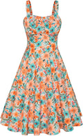 Women's Vintage Sleeveless Floral Ruched A-Line Swing Midi Dress