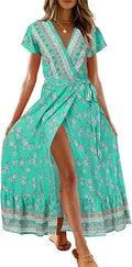 Women's Bohemian Floral Wrap V Neck Maxi Dress - Rayon Comfort