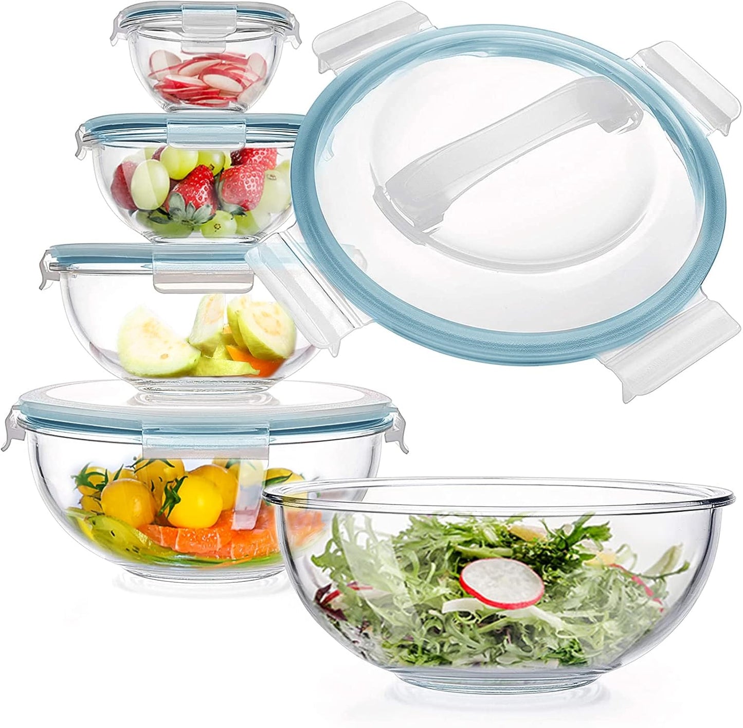 Glass Mixing Bowl Set of 5 with Lids for Kitchen Storage