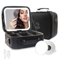 Travel Makeup Bag for Women with Lighted Mirror - Black PU Leather