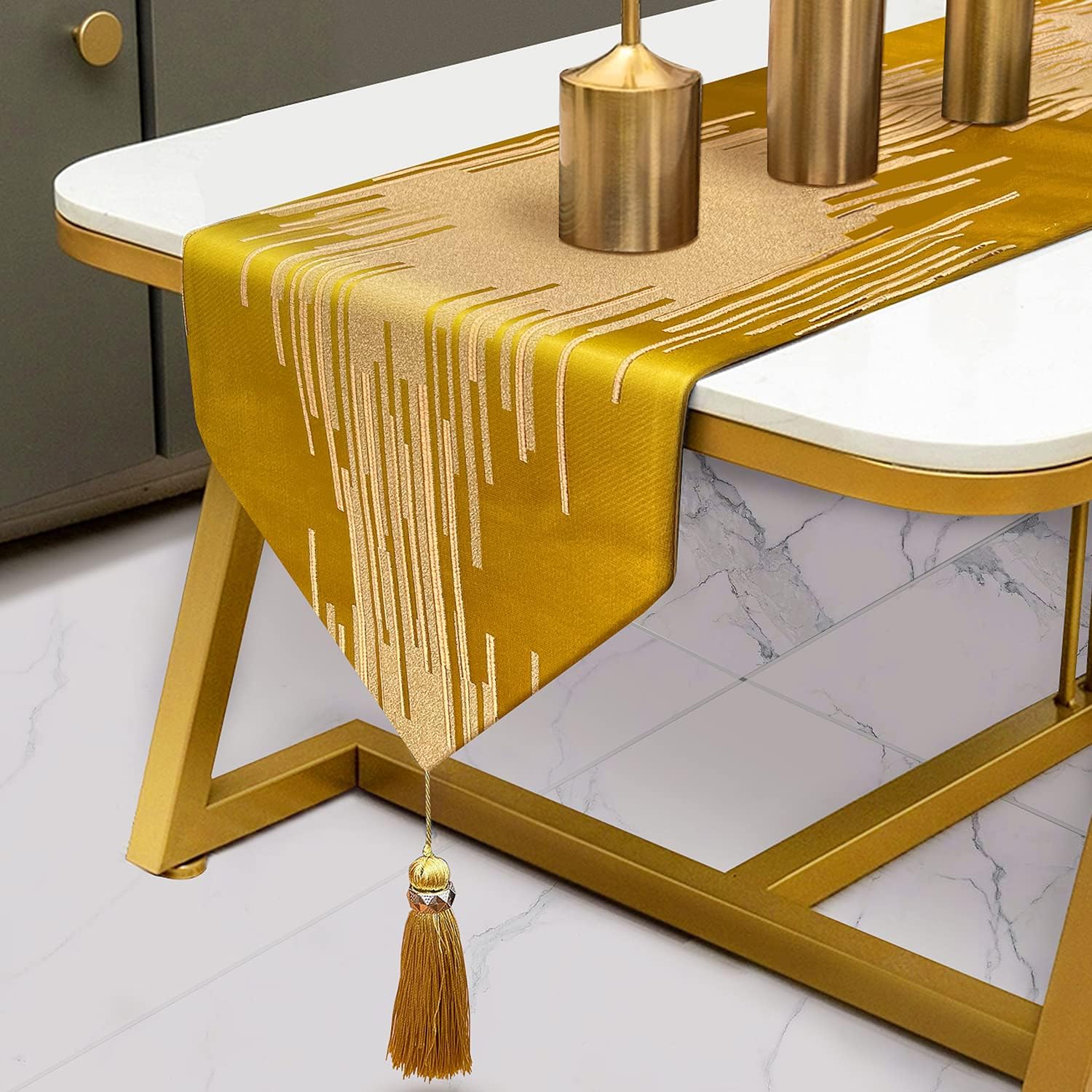 Gold Table Runners 98 Inches Long with Luxury Tassels for Decor