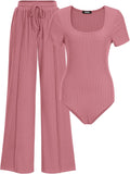 BTFBM Womens 2-Piece Ribbed Knit Bodysuit Set - Comfortable Lounge