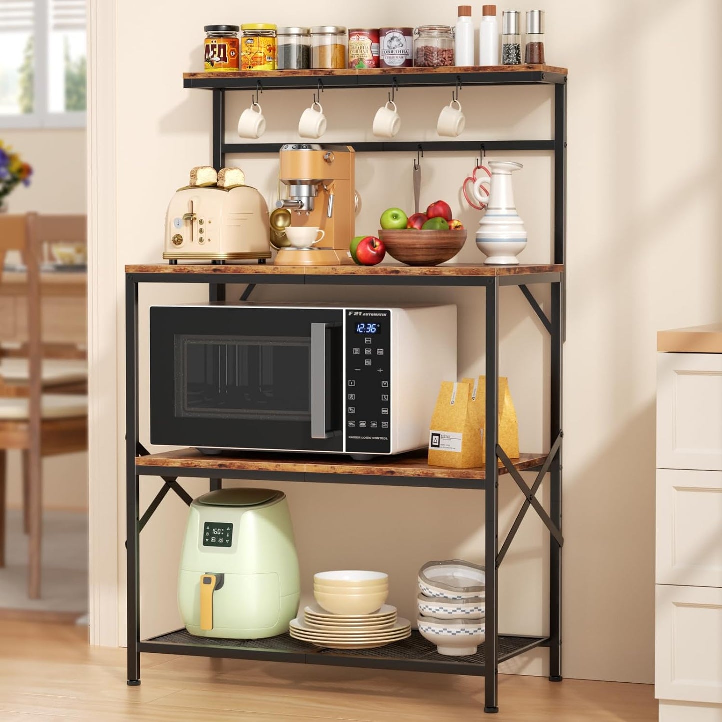 Bakers Racks for Kitchens with Adjustable Middle Shelf & Hooks