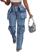 Vaceky Stretch Cargo Jeans Women Straight Leg Side Zipper Slit