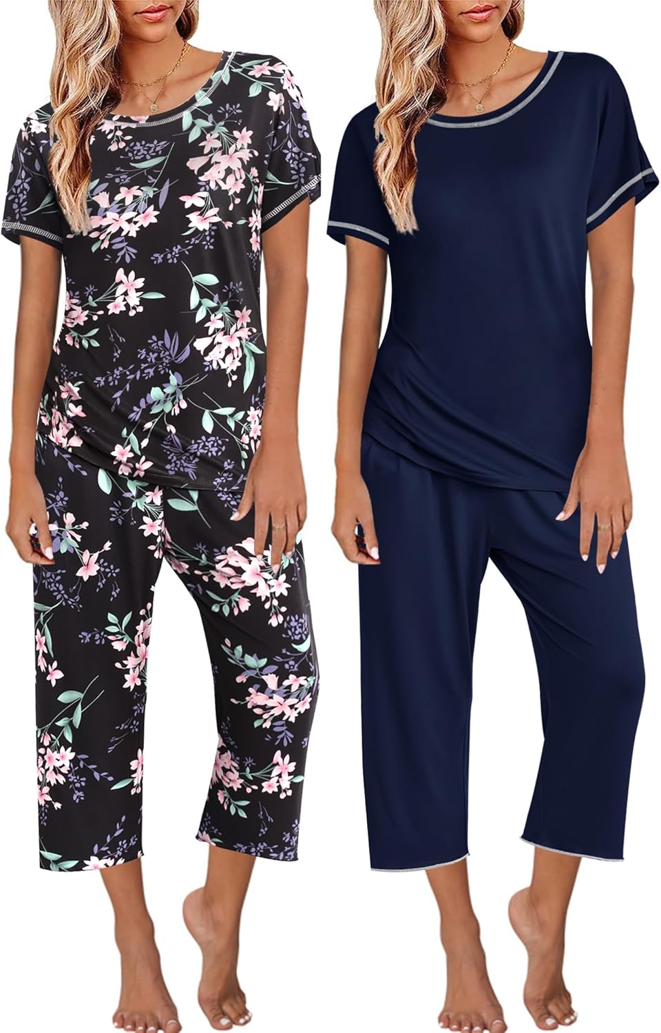 Ekouaer 2 Pack Womens Pajamas Short Sleeve Sleepwear Sets