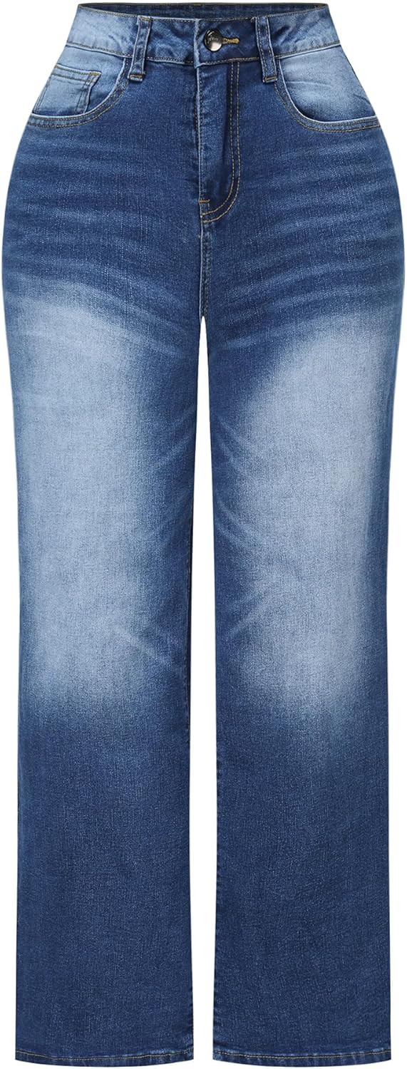 High Waisted Wide Leg Jeans for Women - Stretchy Distressed Denim