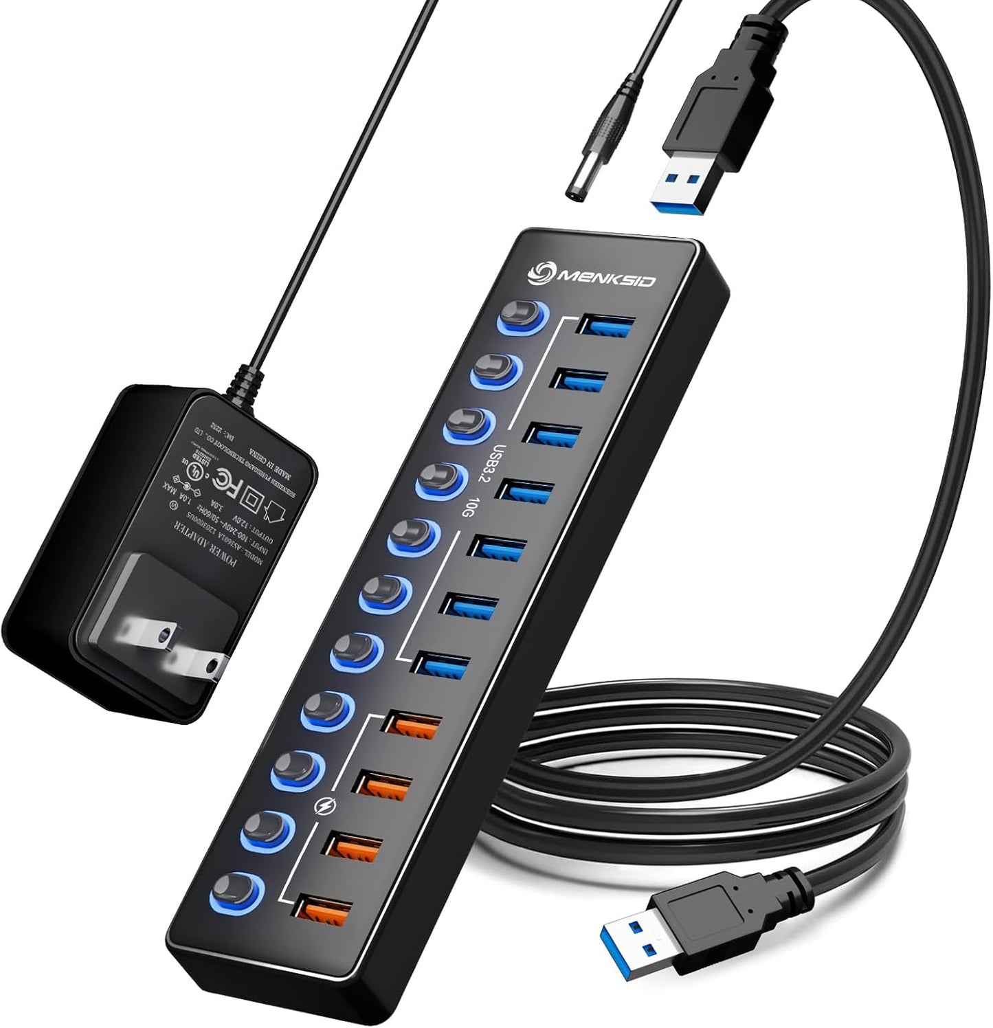 Powered USB Hub with 11 Ports for Fast Data Transfer and Charging