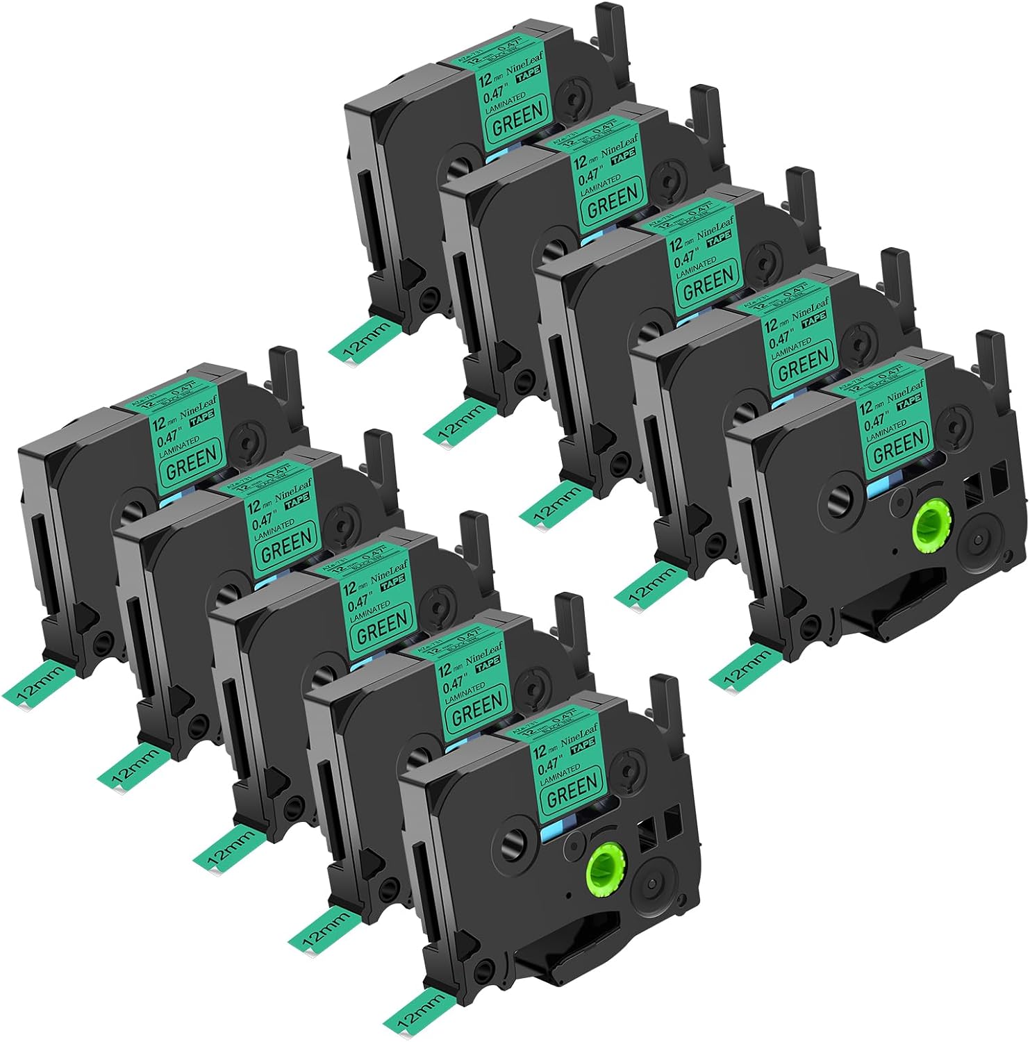 NineLeaf 10 Pack Black on Green Label Tape for Brother Label Makers