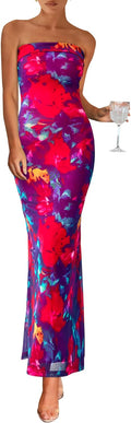 Womens Summer Printed Tube Maxi Dress Strapless Bodycon - Elegant Fit