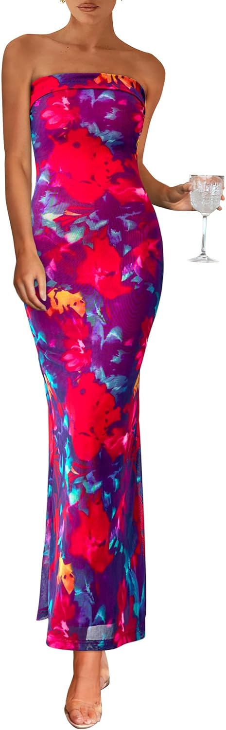 Stylish Womens Summer Printed Tube Maxi Dress for Night Out