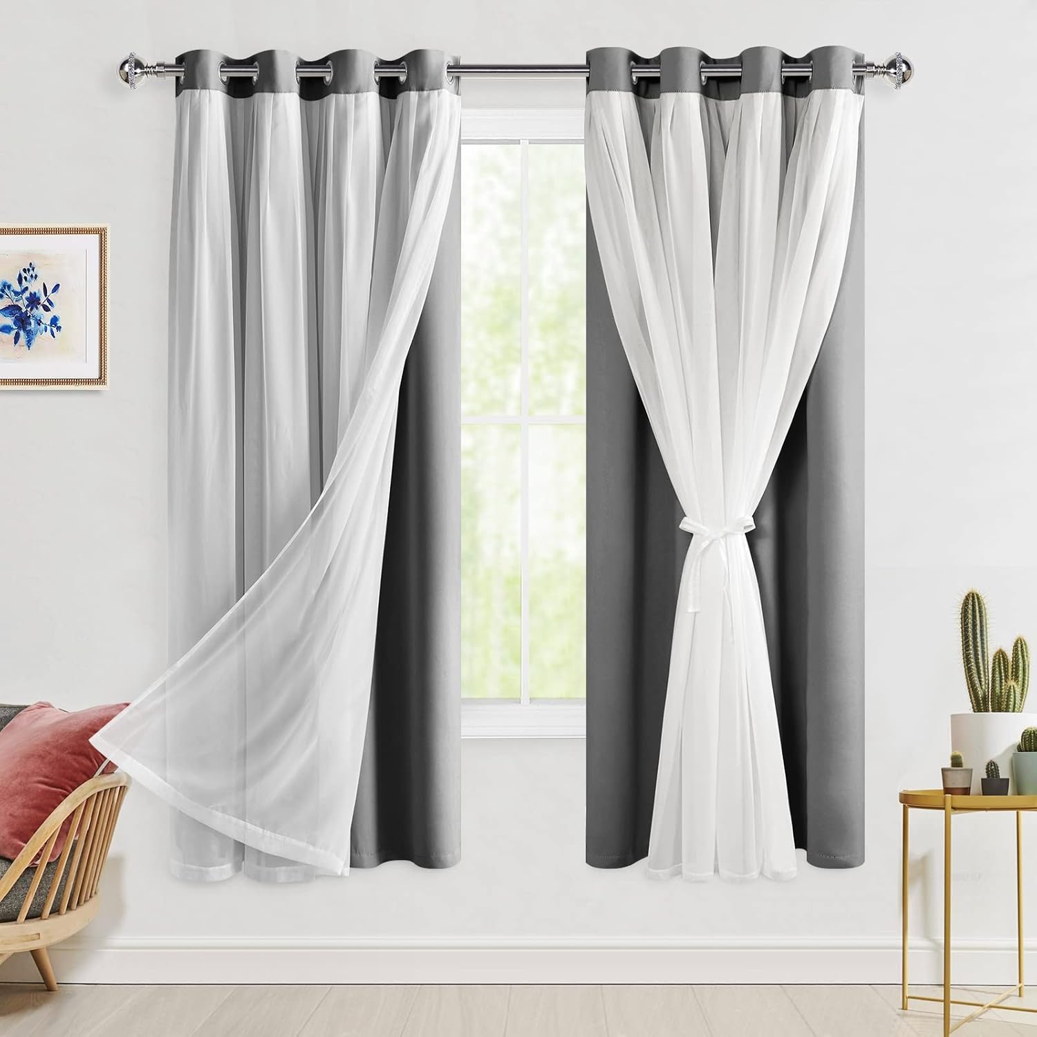 Hiasan Grey Blackout Curtains with Sheer Overlay for Bedrooms
