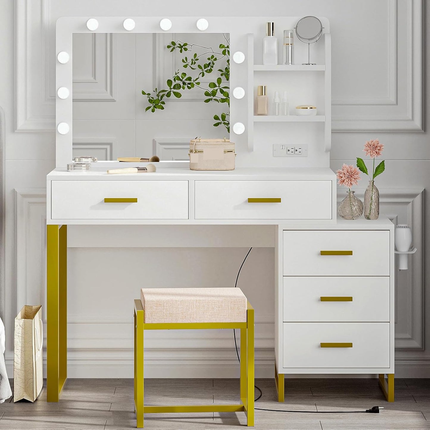White Makeup Vanity Desk with Lights & Power Outlet