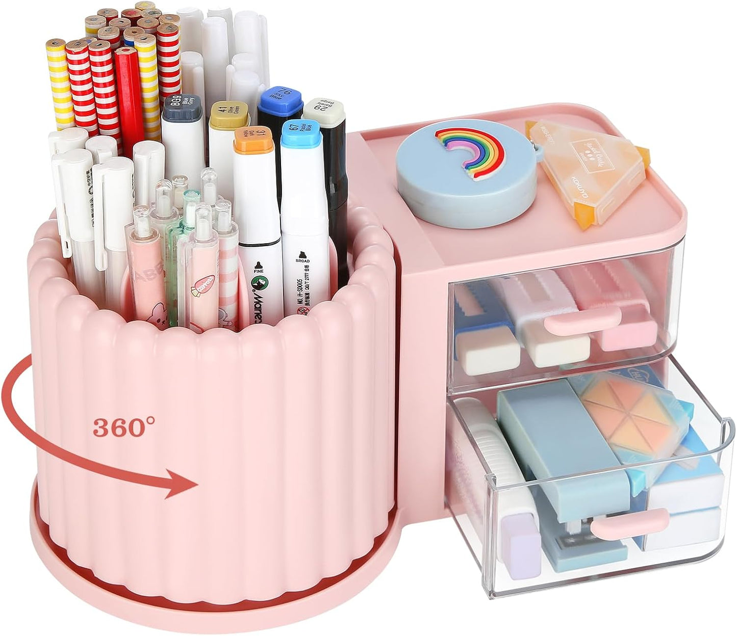 LETURE Rotating Office Desk Organizer - Dual Drawer & Pen Holder