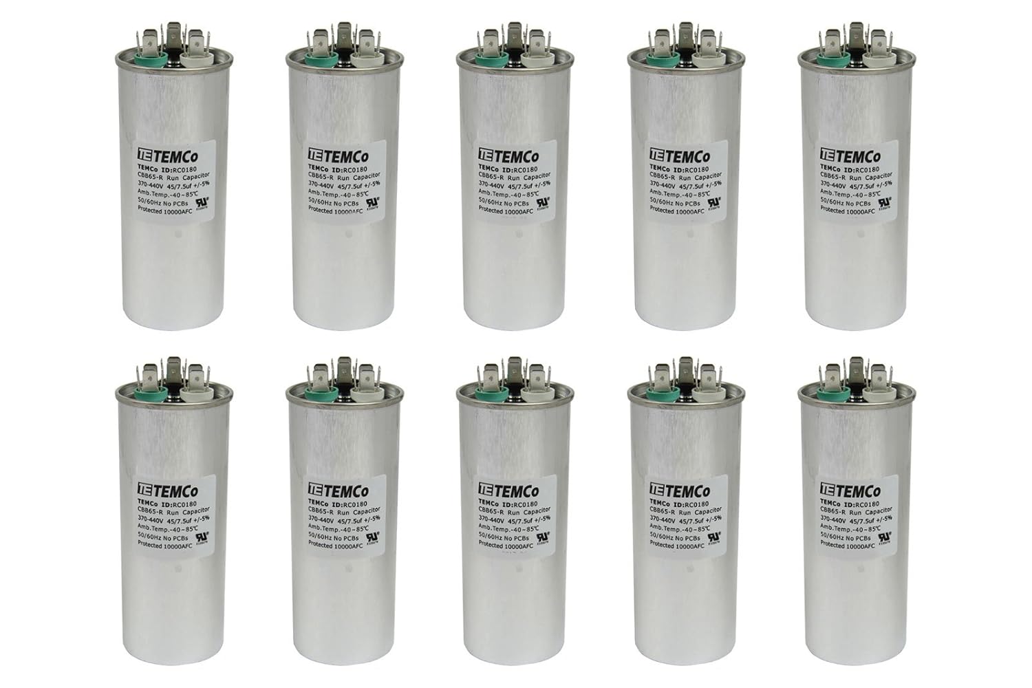 10 Pack Dual Run Capacitor for HVAC Applications - 45+7.5 uF