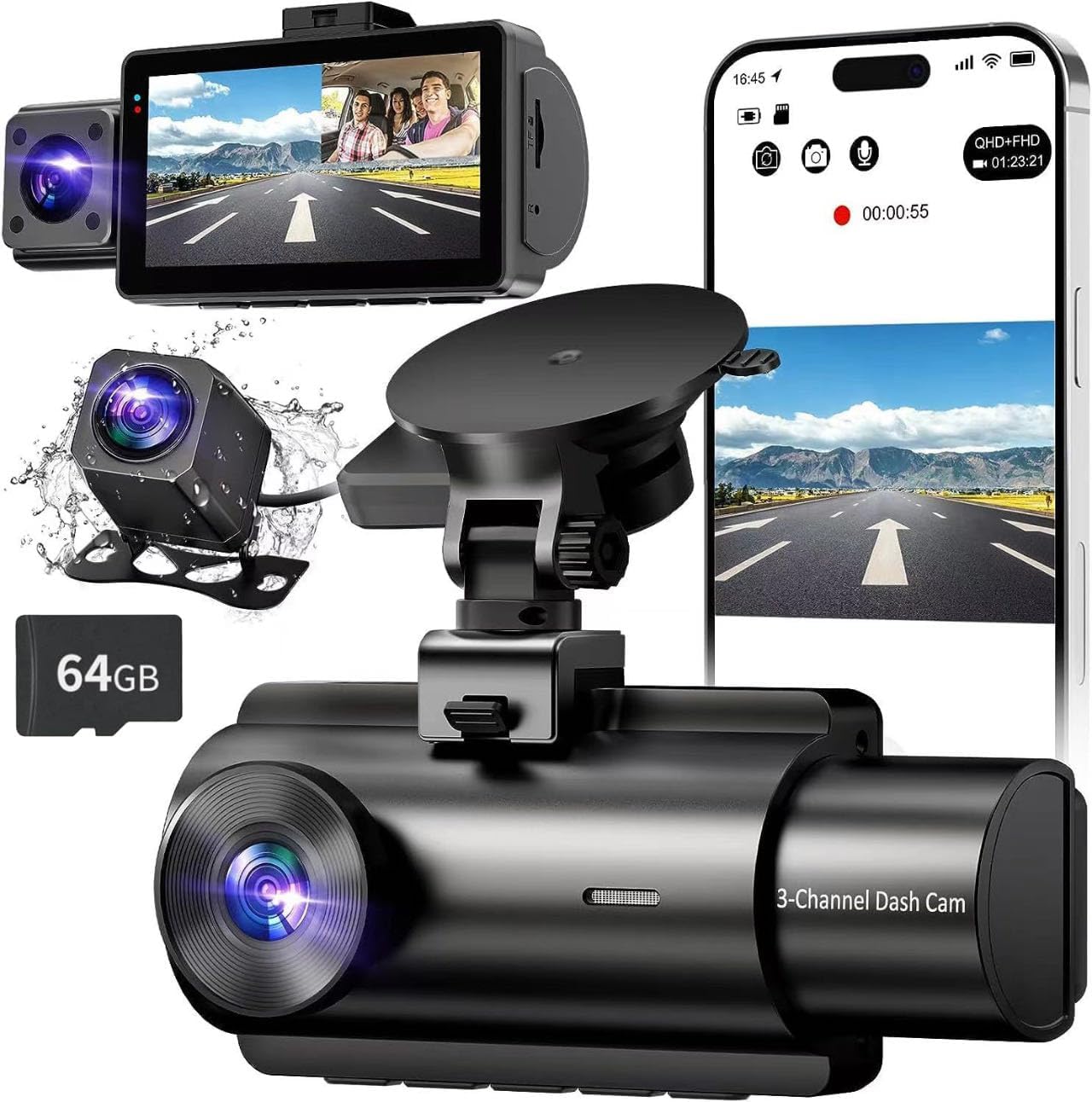 3 Channel Dash Cam with 2K+1080P, GPS, Night Vision & WiFi