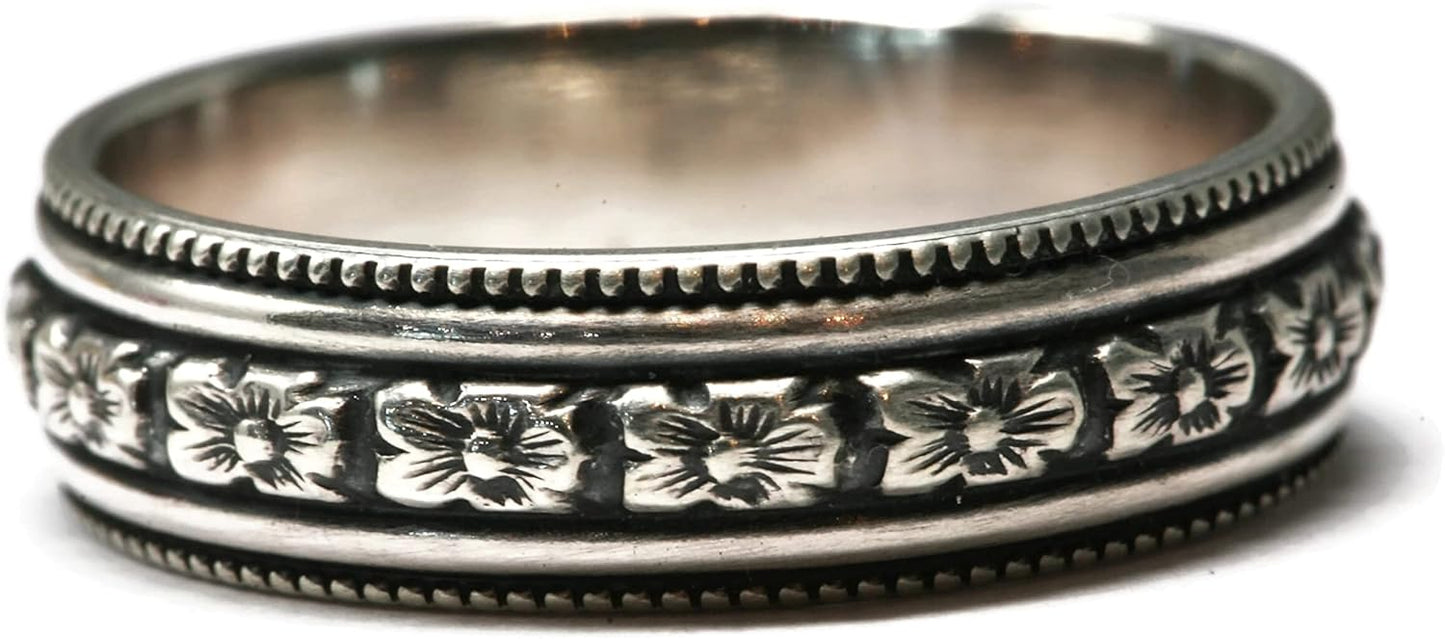 925 Sterling Silver Floral Pattern Band - Handmade Flower Design
