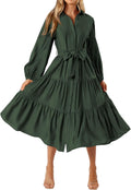 MASCOMODA Womens Long Sleeve Midi Shirt Dress - Flowy Tie Waist Shoes