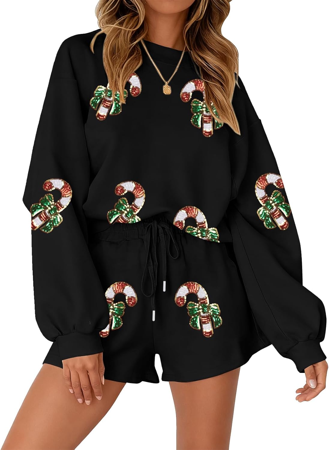 MYHALF Women 2 Piece Outfits Christmas Sweat Shorts Sets