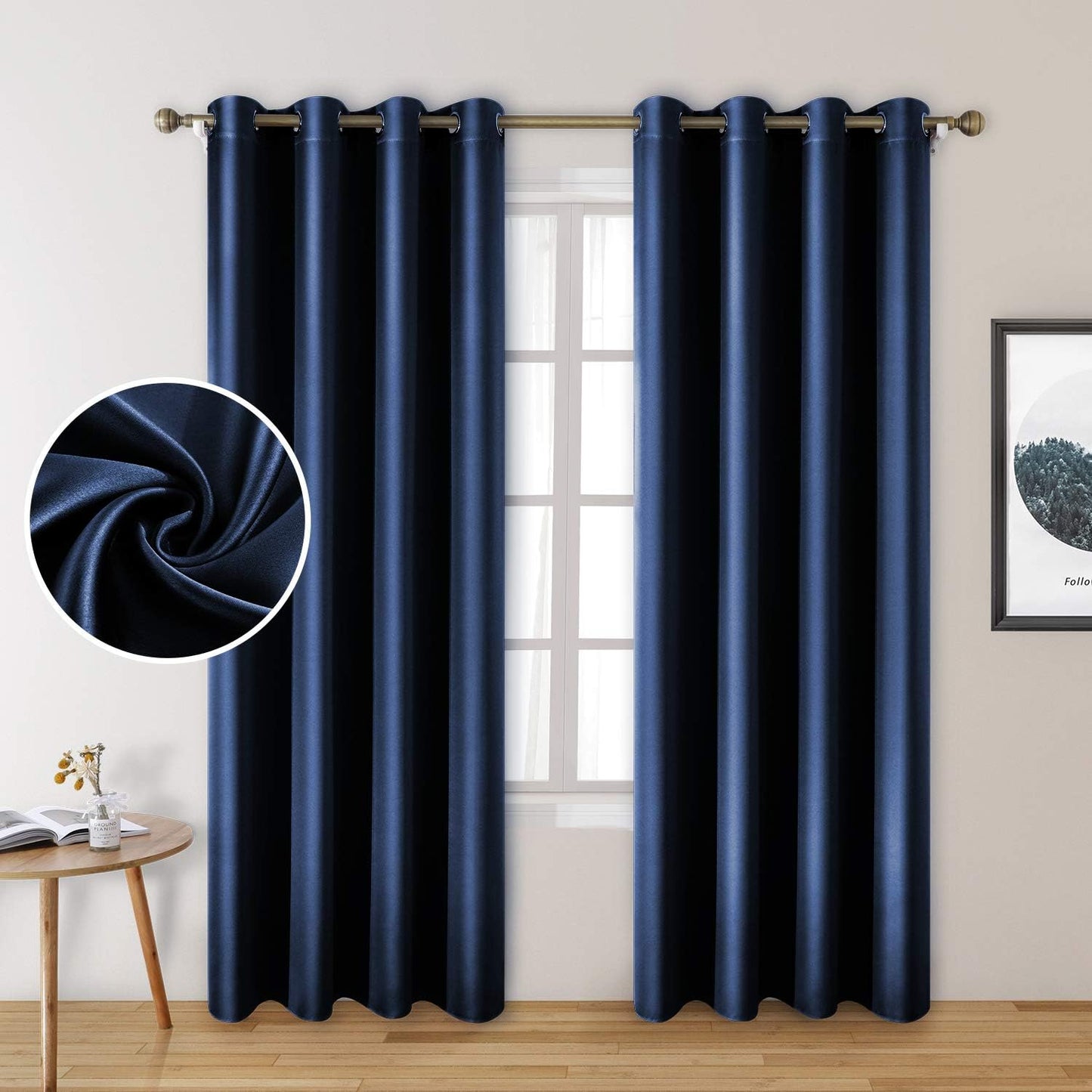 Navy Blue Faux Silk Blackout Curtains for Room Darkening