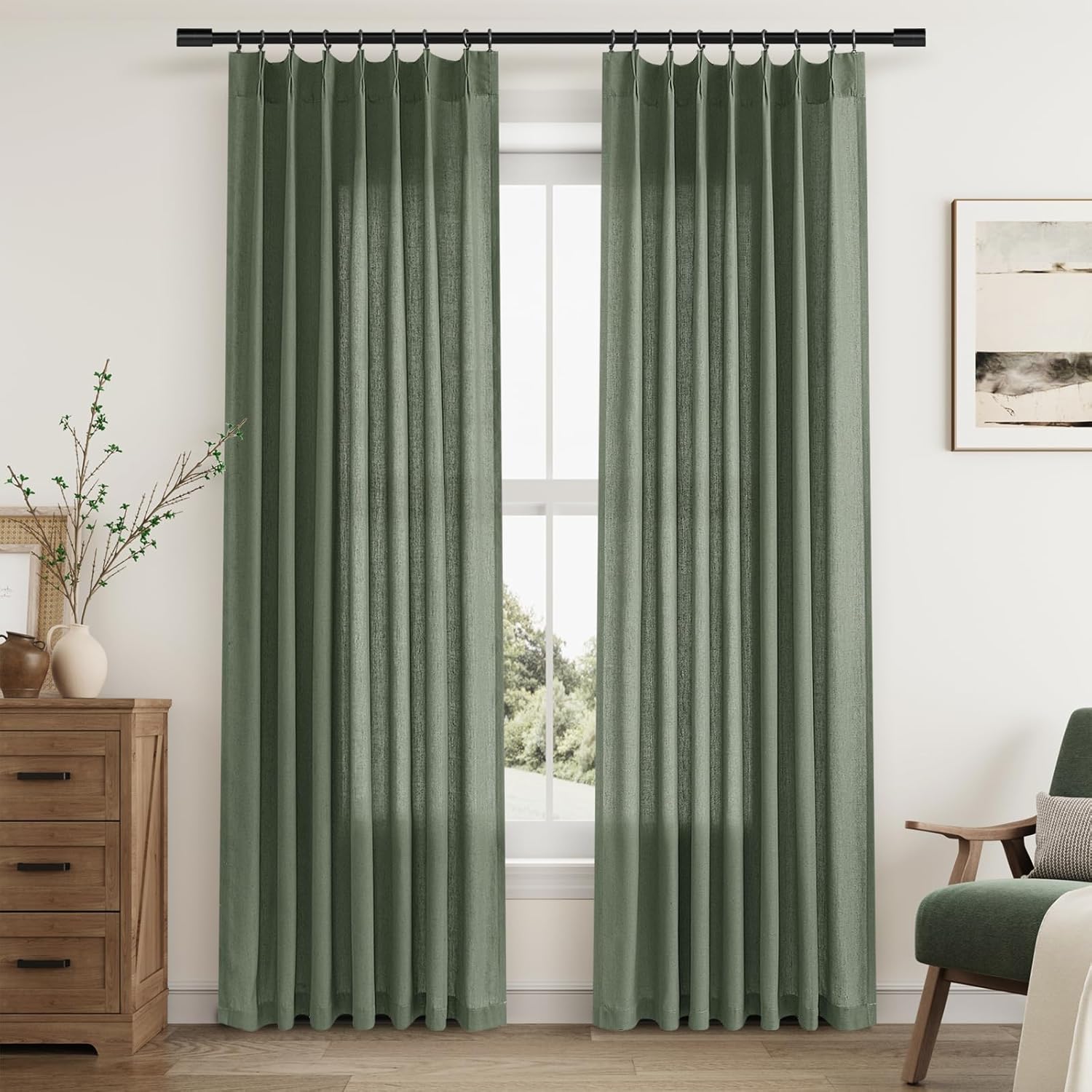 Olive Green Pinch Pleated Linen Curtains for Elegant Living Room