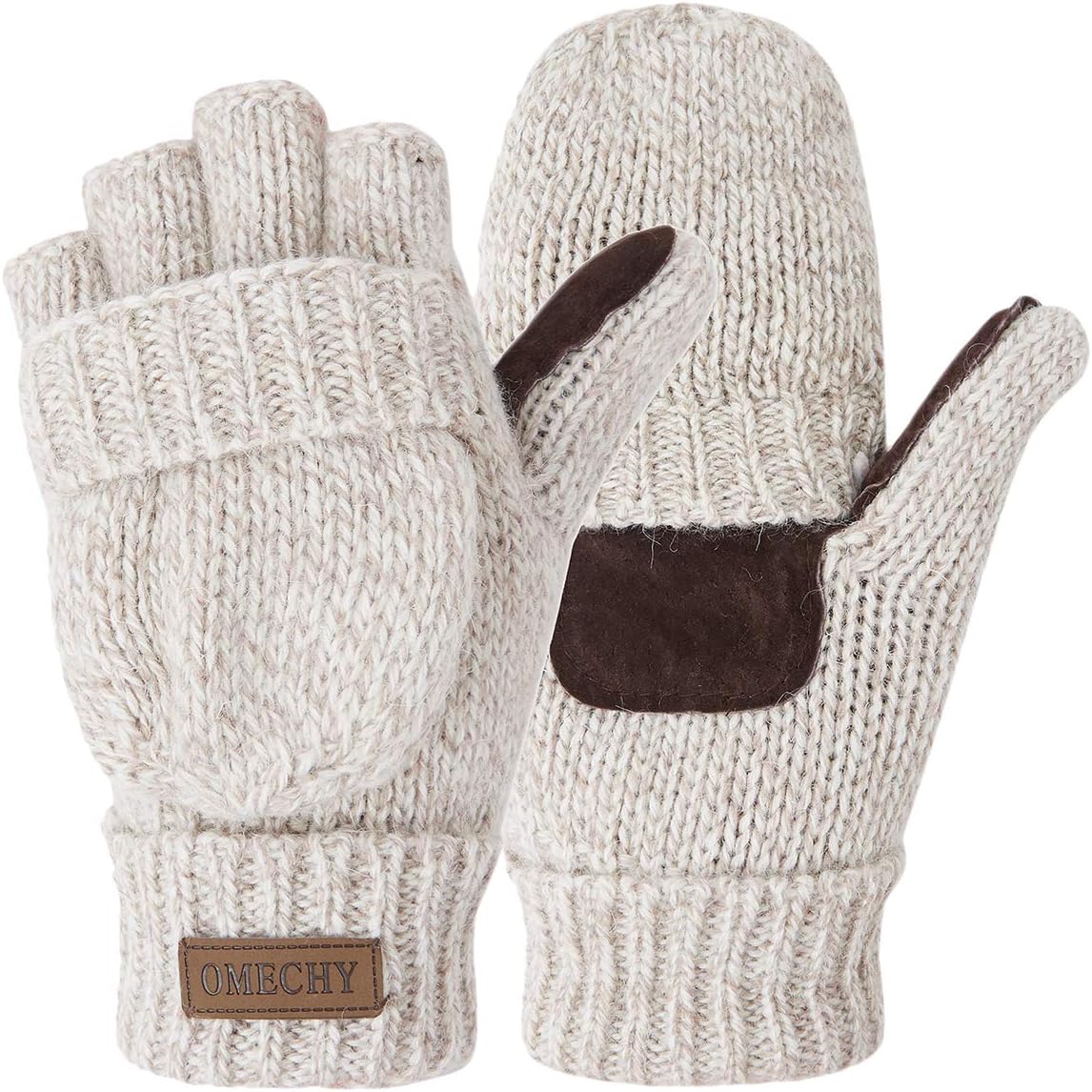 OMECHY Knitted Wool Fingerless Gloves - Warm Flap Cover