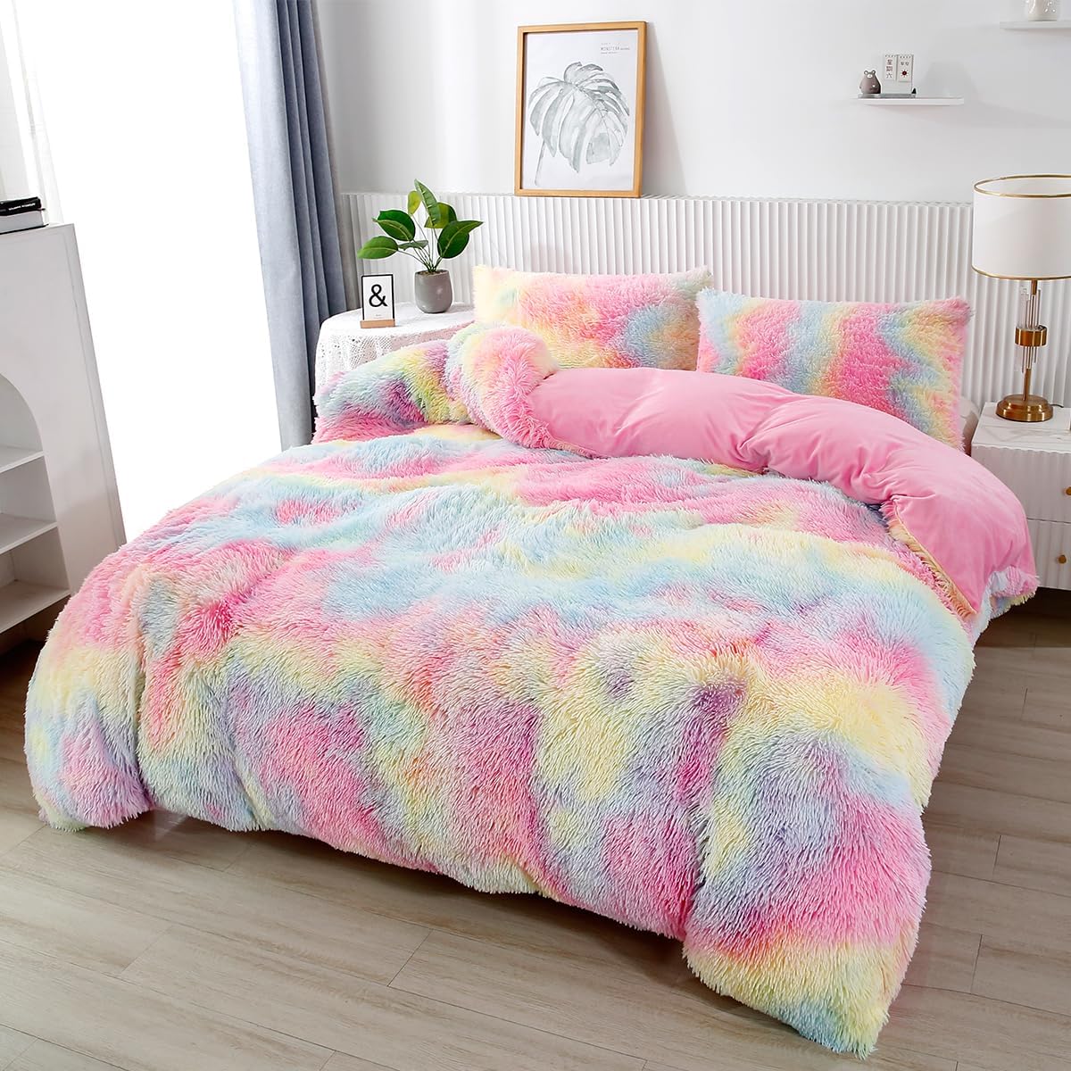 PERFEMET Pink Faux Fur Fluffy Comforter Twin Bedding Set