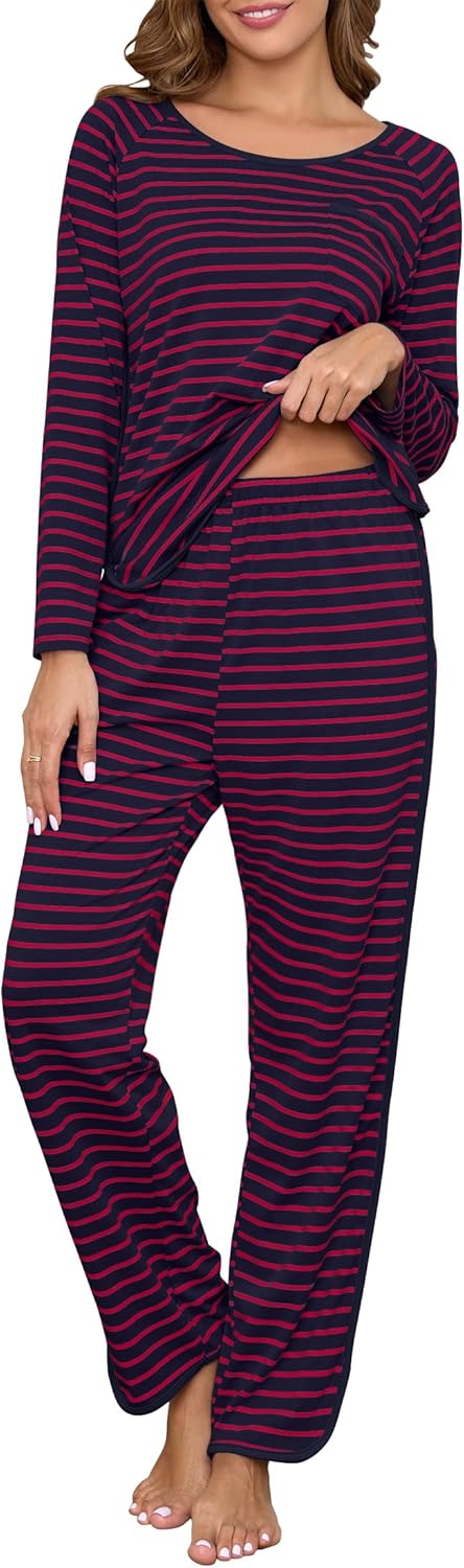 Womens Cotton Pajama Sets Stripe 2 Piece Lounge Set for Comfort