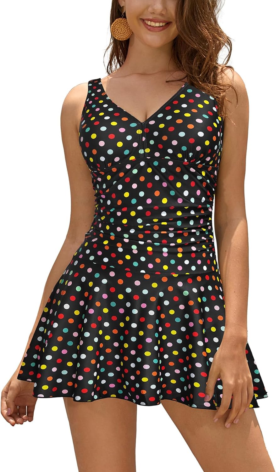 SHEKINI Women's V Neck One Piece Skirt Swimsuit for Comfort