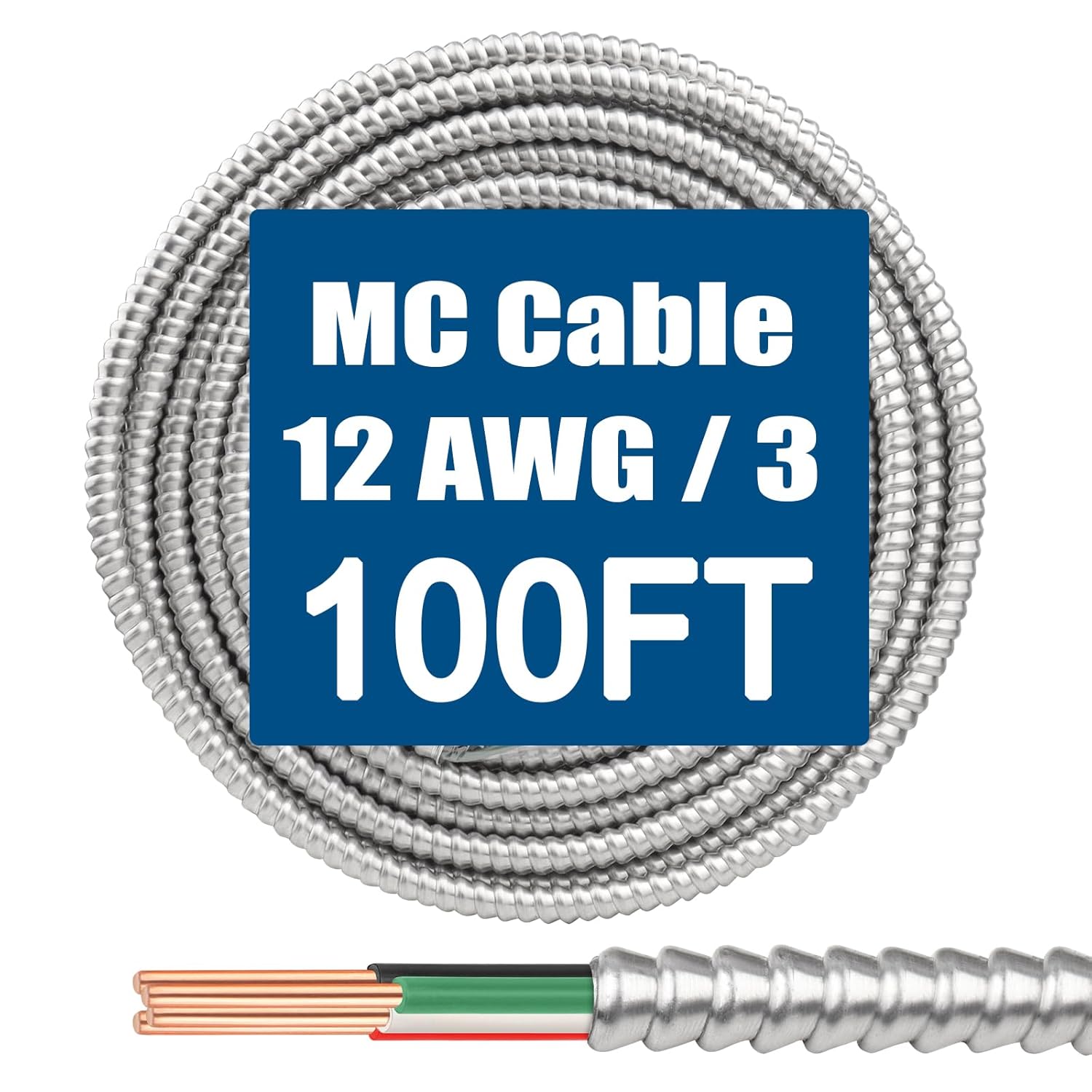 12/3 MC Cable with Ground - 100FT Pure Copper 12AWG/3 Wire