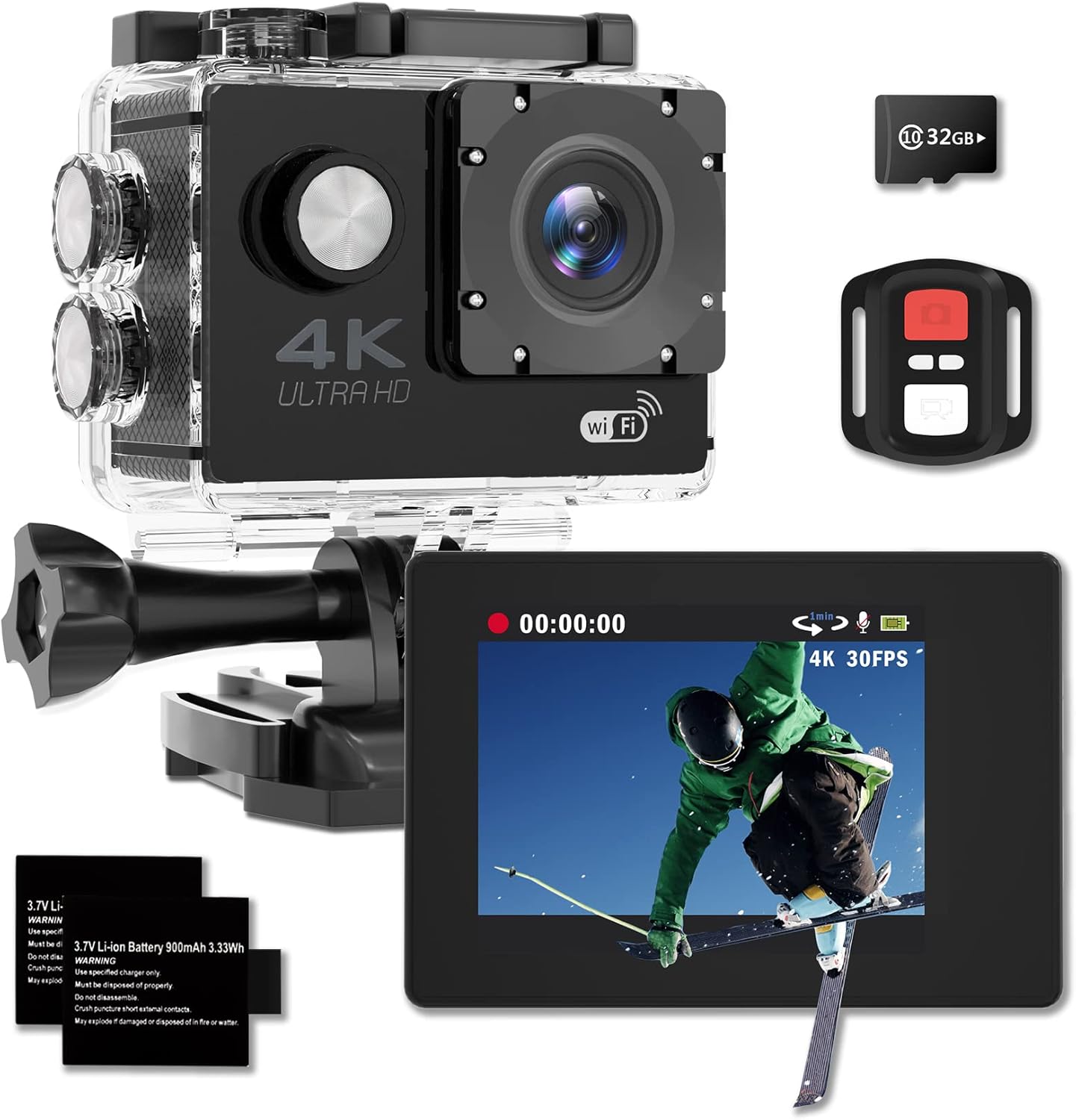 4K Action Camera with Waterproof Case and Remote Control Features