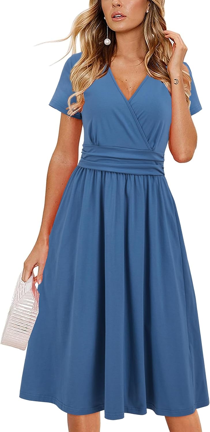 OUGES Women's Summer Short Sleeve V-Neck Floral Dress with Pockets