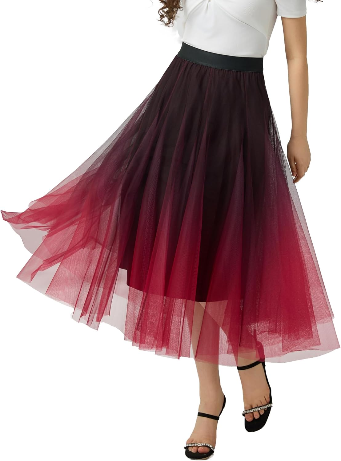 Womens Tulle Skirts Midi Elastic High Waist Pleated A-Line Style
