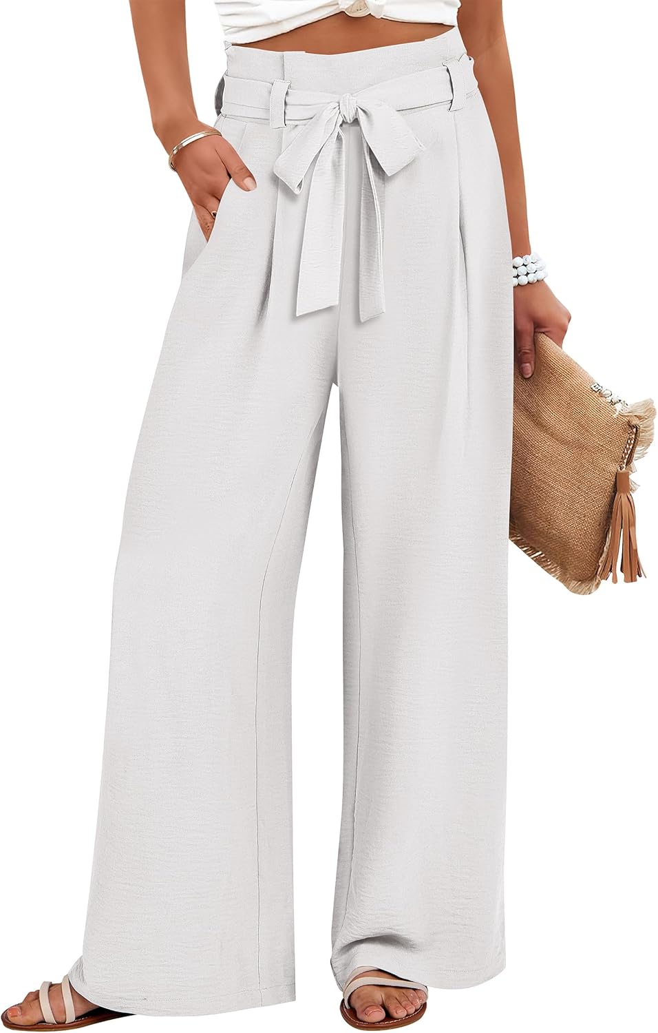 Womens Wide Leg Palazzo Pants with Belted High Waist Design